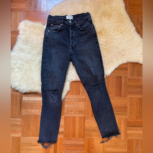 Agolde Nico High Rise Slim Button Fly Black Distressed Jeans - Picture 2 of 10